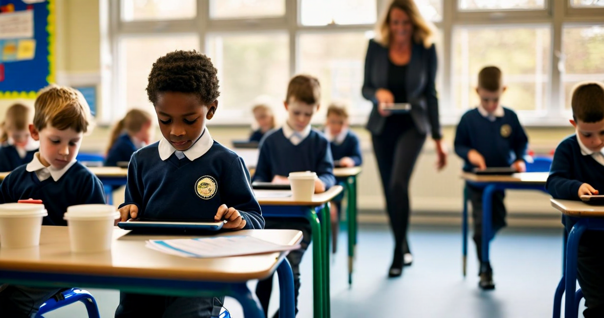 primary school classroom in South London, pupils working on tablets, teacher wal