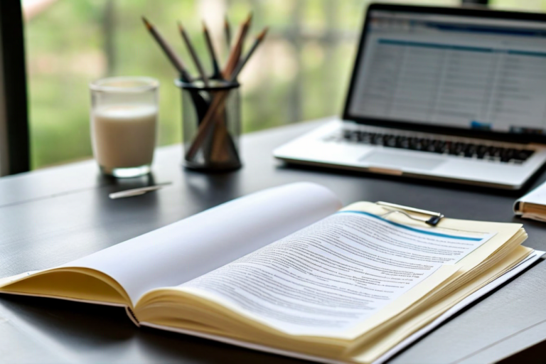 open curriculum document on desk beside a laptop, educational workspace, lesson 