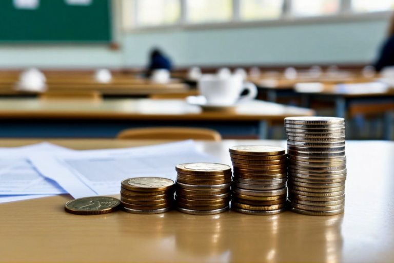 coins stacked on a desk with school classroom visible in the background, educati
