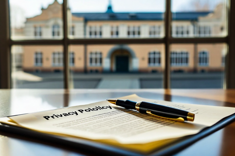 privacy policy document on desk with pen, school building visible through window