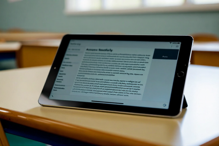 tablet device on desk showing a high-contrast screen interface with enlarged tex