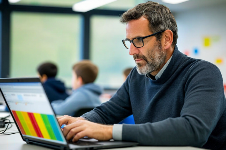 teacher looking at a colourful student progress dashboard on laptop in a staffro