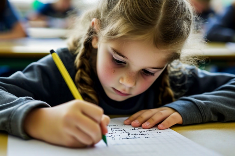 student working through a word problem written on paper at a school desk, writin