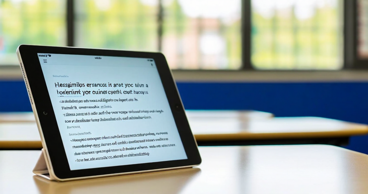 tablet device showing high-contrast screen with enlarged text, school desk in a 