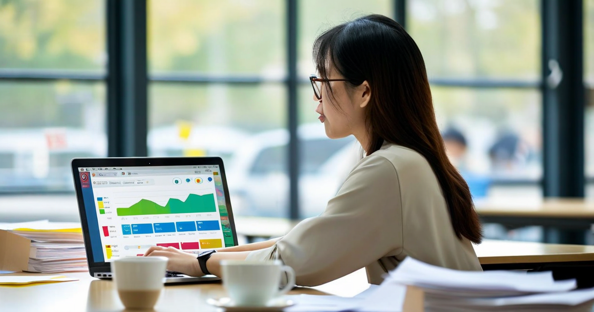teacher looking at a colourful student progress dashboard on a laptop in a schoo