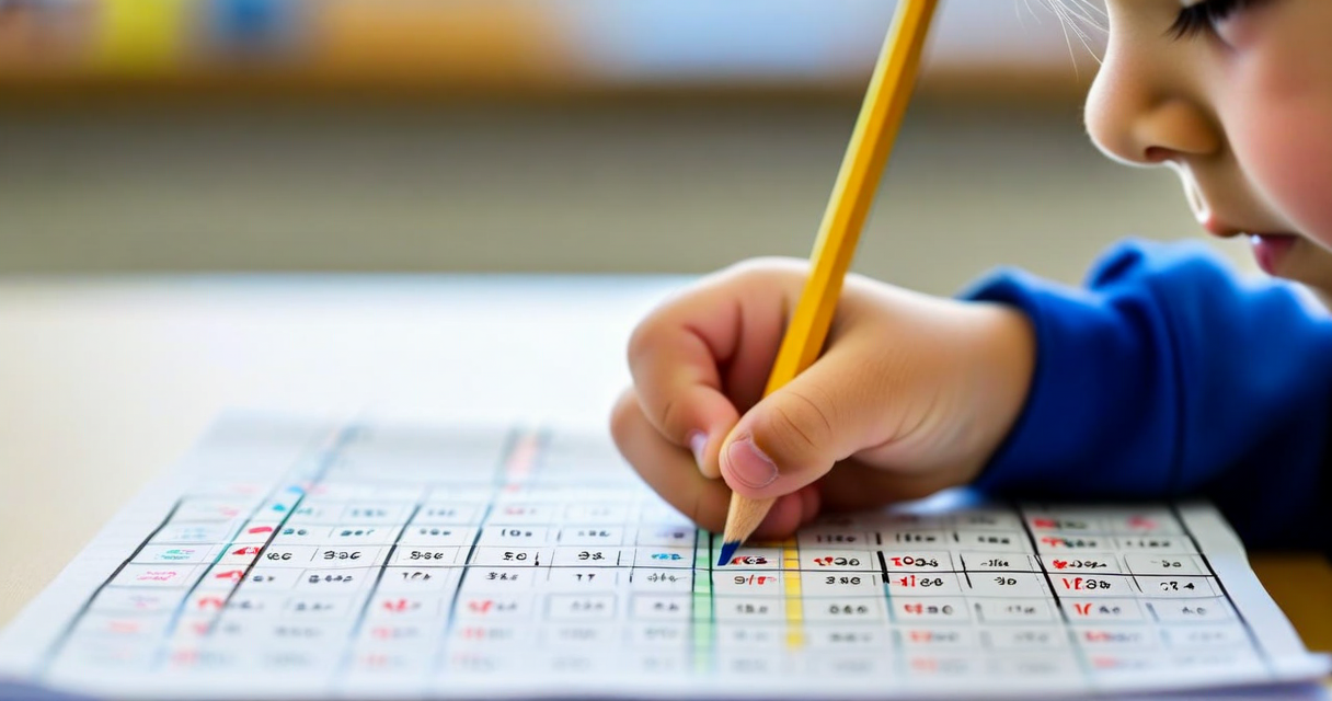 primary school student at a desk working through a multiplication times tables w