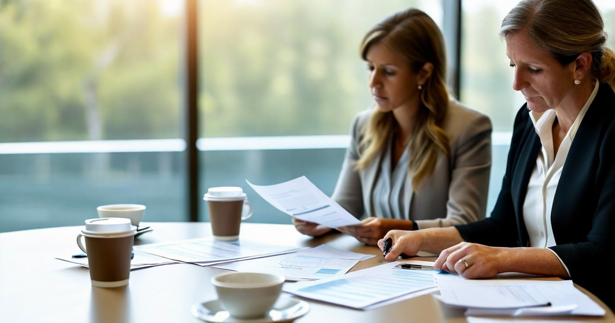 two professionals at a round meeting table reviewing paper reports, school board